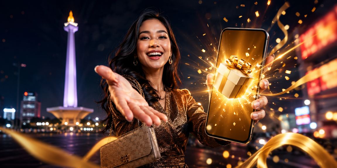 Wanita muda menggunakan ponsel untuk bermain casino online dengan ekspresi bahagia